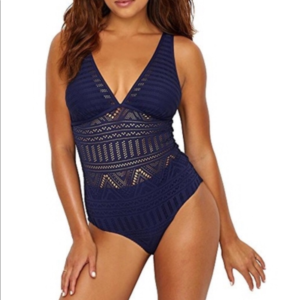 Anne Cole Crochet V Neck Navy One Piece Swimsuit - Picture 1 of 2